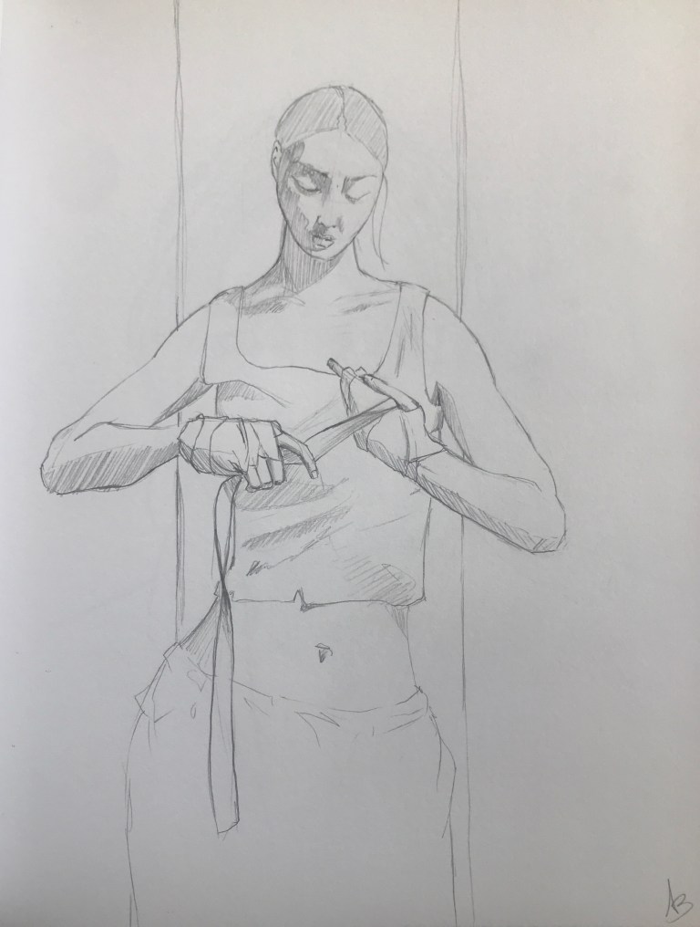 pencil drawing of a woman wapping her fist for a boxing match